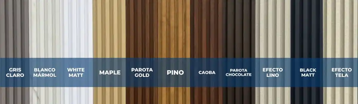Colores y Texturas de Lambrín WPC para Interiores y Exteriores Puebla Muestras de paneles de lambrín WPC en diferentes tonos de madera (claro, medio, oscuro) y texturas, mostrando la variedad de acabados disponibles en Puebla.