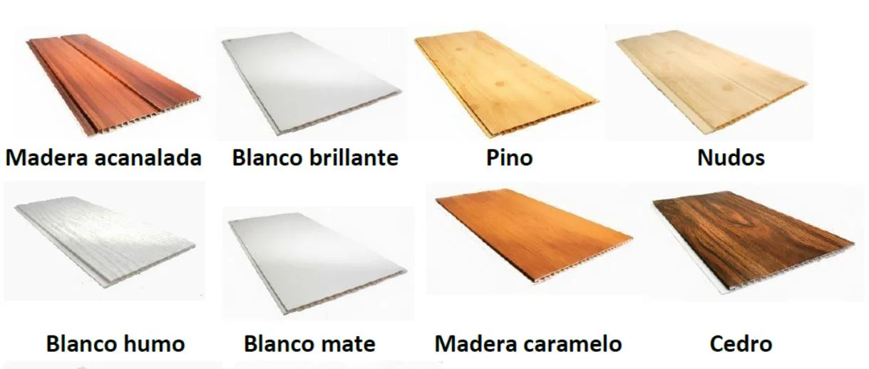 Muestra de diferentes tipos y acabados de placas para plafón de PVC ofrecidos por Grupo Orvi. Se incluyen opciones como Madera acanalada, Blanco brillante, Pino, Nudos, Blanco humo, Blanco mate, Madera caramelo y Cedro.