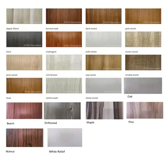 Muestra de diferentes tipos y acabados de placas para plafón de PVC ofrecidos por Grupo Orvi. Se incluyen opciones como Madera acanalada, Blanco brillante, Pino, Nudos, Blanco humo, Blanco mate, Madera caramelo y Cedro.