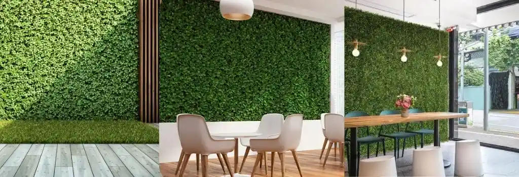 Un collage de tres escenas diferentes que muestran la versatilidad del follaje artificial: un muro exterior con césped sintético, un interior moderno con follaje tipo boj en una sala con sillas blancas, y un café o restaurante con un gran muro verde de follaje artificial y una mesa de madera.