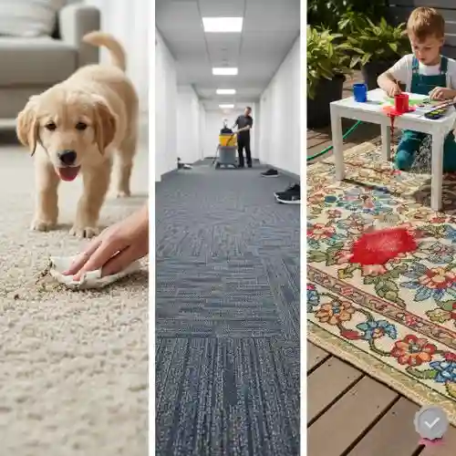 Collage de imágenes que muestra la durabilidad de la alfombra modular de Grupo Orvi en Puebla: una persona limpiando fácilmente una mancha, un pasillo de alto tráfico y un niño jugando, demostrando que es ideal para uso rudo en puebla