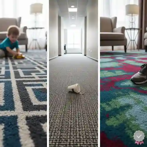 Mosaico de imágenes que demuestra la resistencia de las alfombras modulares de Grupo Orvi en Puebla: un pasillo de hotel concurrido, un niño jugando y un zapato sobre una alfombra con diseño colorido, mostrando su durabilidad para alto tráfico en Tehuacan