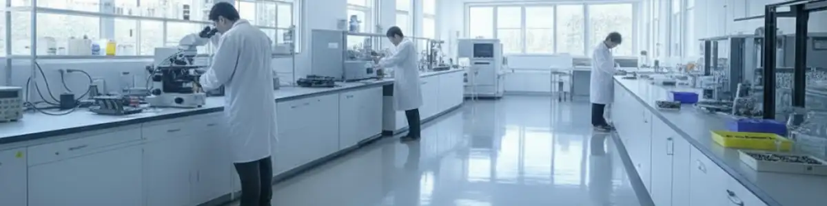 Técnico trabajando en un laboratorio con piso ESD antiestático color gris claro instalado por Grupo Orvi en Puebla