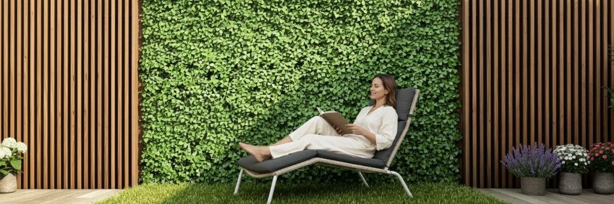 Fondo de pared de follaje artificial mujer disfrutando de su jardin