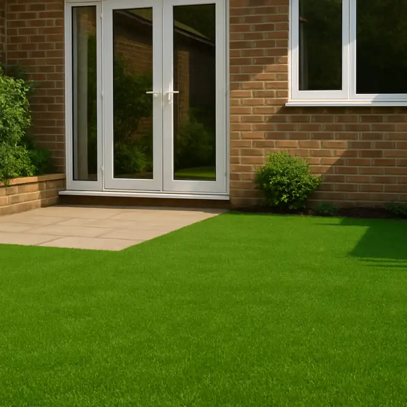 Jardín frontal de casa con pasto sintético de 35-40mm, mostrando su realismo y suavidad, perfecto para zonas de juego infantil y para caminar descalzo. Se aprecia la transición limpia del pasto a una terraza de losas y la fachada de ladrillo.