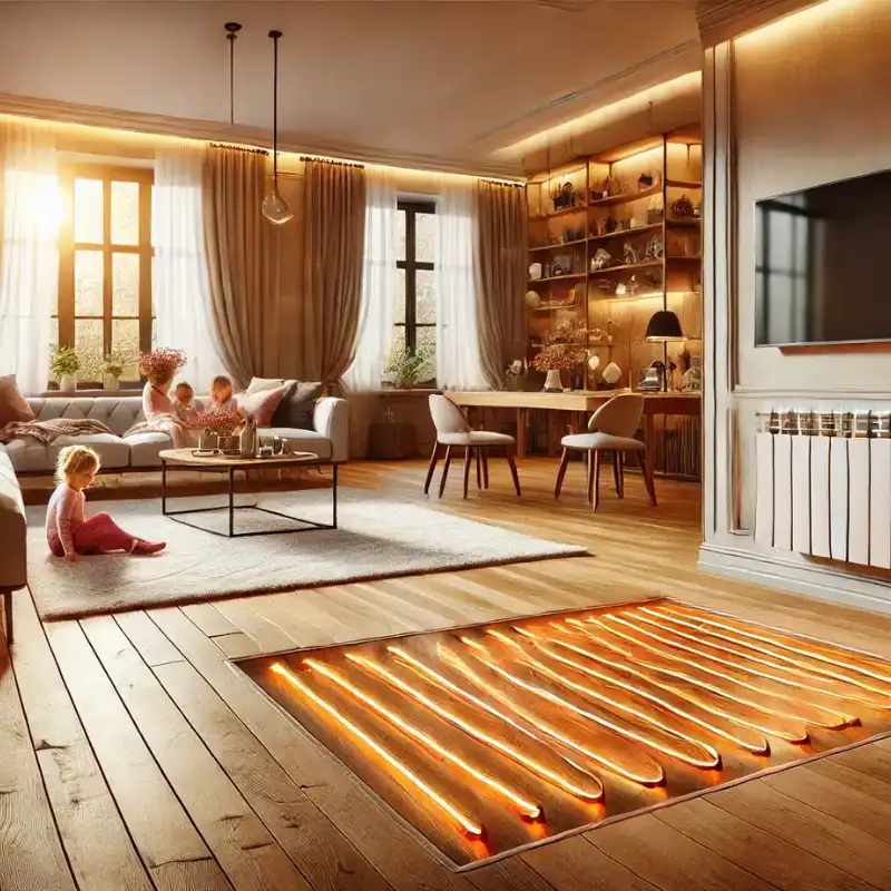 Piso de Roble Europeo para Calefacción Radiante Sala de estar de lujo en Lomas de Angelópolis con piso de madera de ingeniería de Roble Europeo. El suelo muestra el sistema de calefacción radiante subyacente, destacando la estabilidad y compatibilidad de la duela.